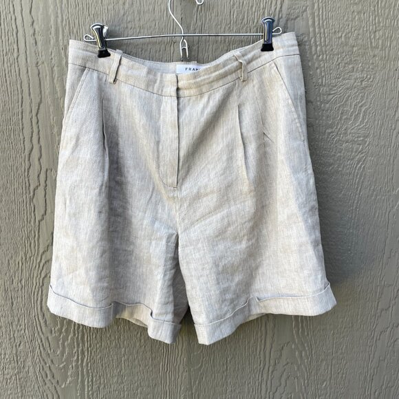 FRAME Pleated Size 4 Shorts Khaki Linen Blend Cuff Hem High Waist Pockets Preppy - Picture 6 of 7